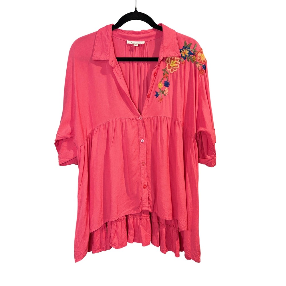 Solitaire Pink Embroidered Floral Tiered Ruffle Tunic Blouse Womens Medium Boho